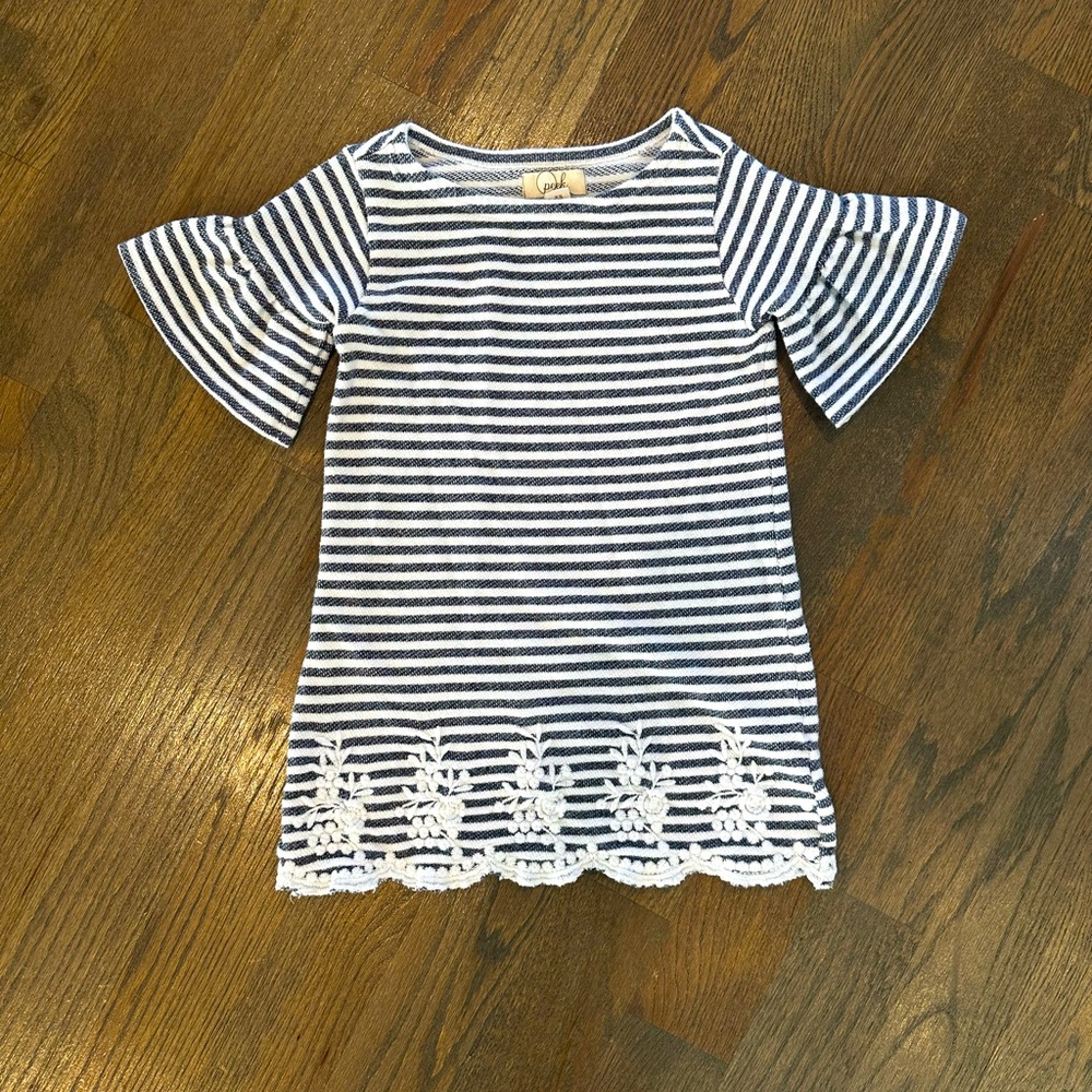 Peek- blue and white stripe dress with embroidered flowers